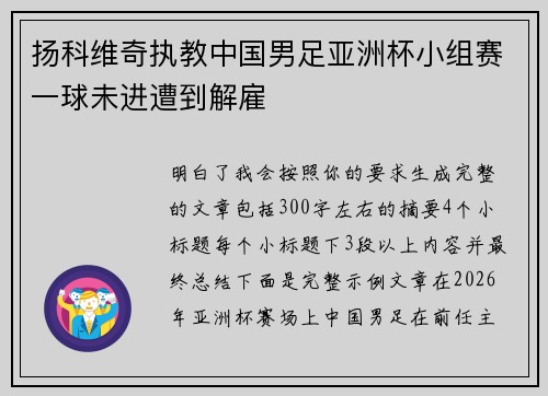 扬科维奇执教中国男足亚洲杯小组赛一球未进遭到解雇