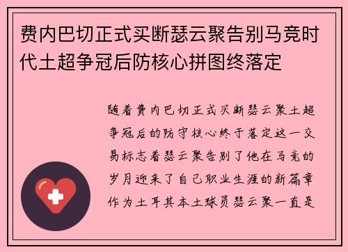 费内巴切正式买断瑟云聚告别马竞时代土超争冠后防核心拼图终落定