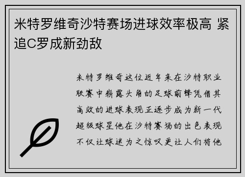 米特罗维奇沙特赛场进球效率极高 紧追C罗成新劲敌 米特罗维奇沙特赛场进球效率极高 紧追C罗成新劲敌